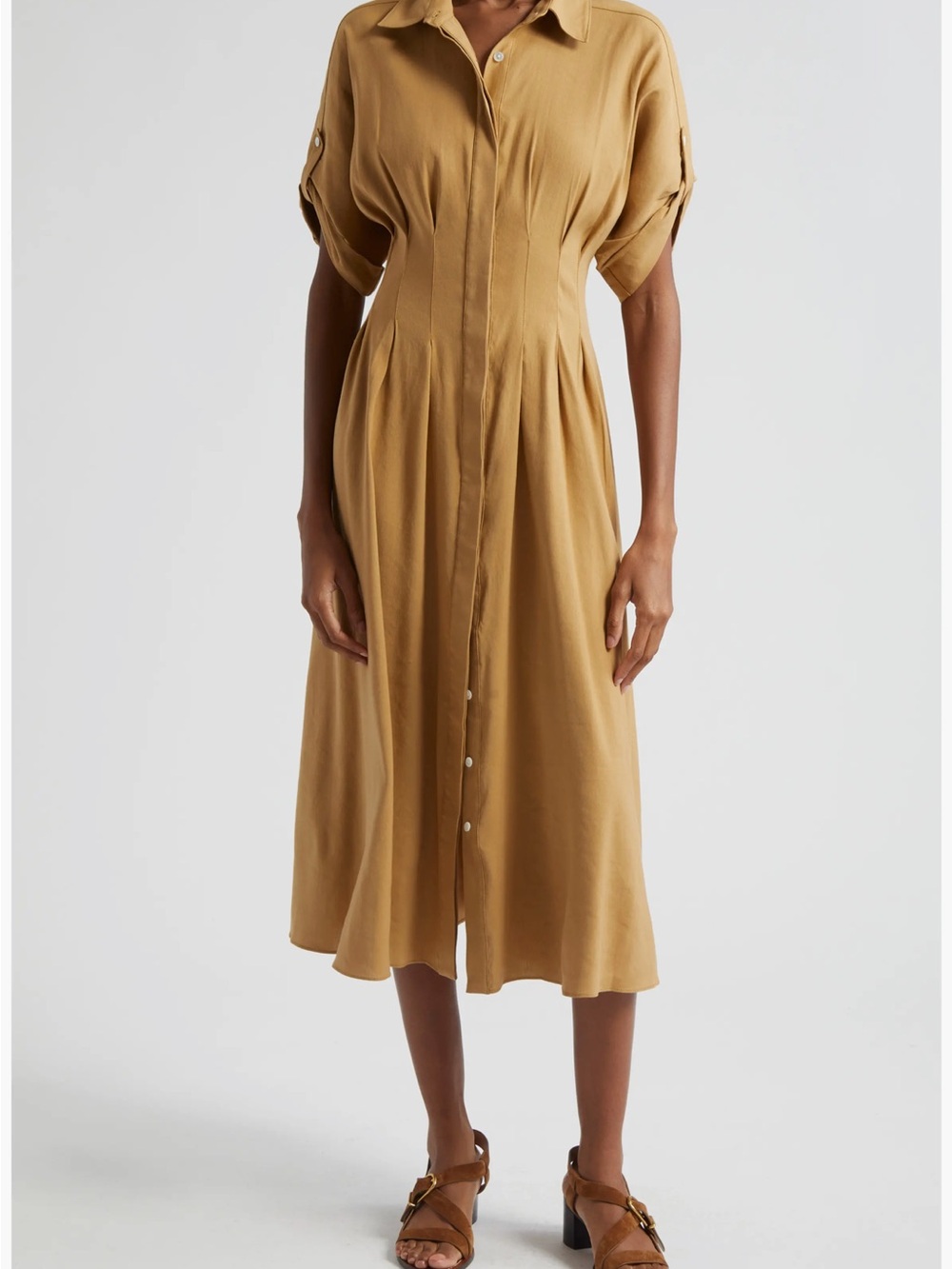 Veronica Beard Caramel Button-Front Midi Shirt Dress